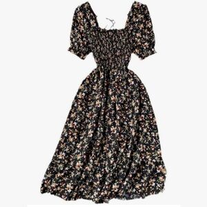 Printed Floral Midi Dress Square Collar Puff Sleeve